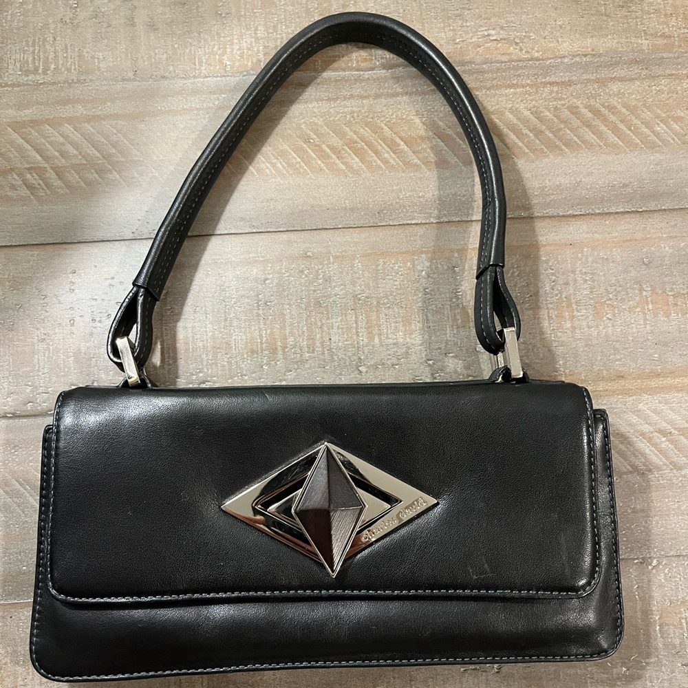 Charles David Black Leather Handbag with Silver Accents